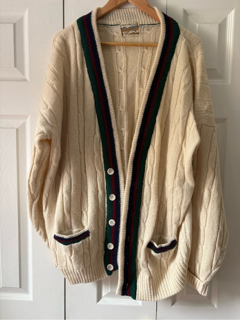 Vintage Cream Cable Knit Cardigan with Striped Trim